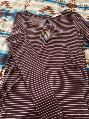 Willow Tree Brown and White Striped Long-Sleeve Keyhole Top